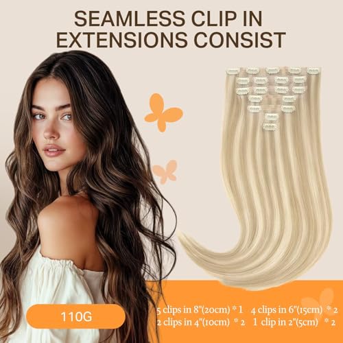 Image of DOORES Clip-in Hair Extensions, Dark Blonde Highlighted Bleach Blonde 80g 7pcs 12 Inch, Seamless Clip-in Real Human Hair Skin Weft Straight Invisi Edge Extensions