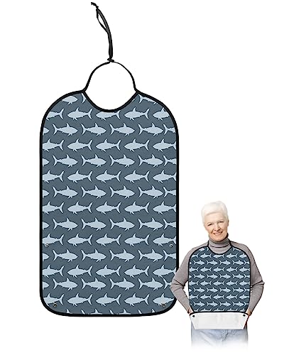 Blue Shark Silhouette Adult Bibs for Eating, Waterproof Bibs with Food Catcher & Adjustable Snap Closure, Sea Animal Navy Blue Backdrop Washable Clothing Protectors Adult Bibs for Elderly Women/Men