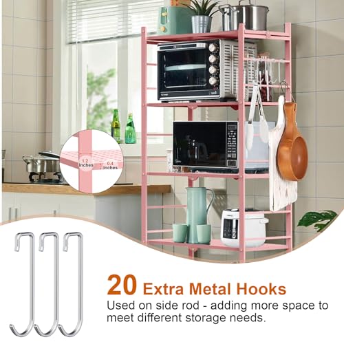 Image of Himix 5-Tier Folding Storage Shelves with 20 Hooks Wheels Home Pink | Folding shelving units, Metal collapsible organization, Wire shelf, No assembly, Kitchen, Room, Holds 440 Ibs No assembly