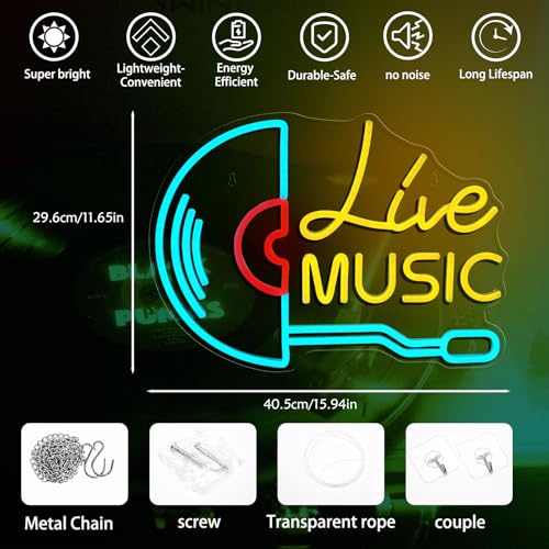 Image of Live Music Neon Sign Retro Vinyl Record Player Neon Signs LED Lights Recording for Wall Decor Music Room Studio Classroom Beer Bar Party Club Livehouse Bedroom Decoration Vintage Light