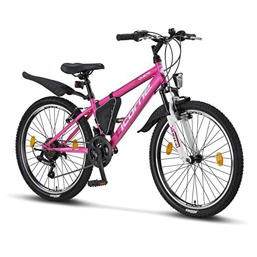 Licorne Bike Guide Bicicleta de montaña de 24 Pulgadas, Cambio de 21 velocidades, suspensión de Horquilla,Infantil, para niños y niñas, para Hombre y Mujer, Bolsa para Cuadro, Rosa/Blanco