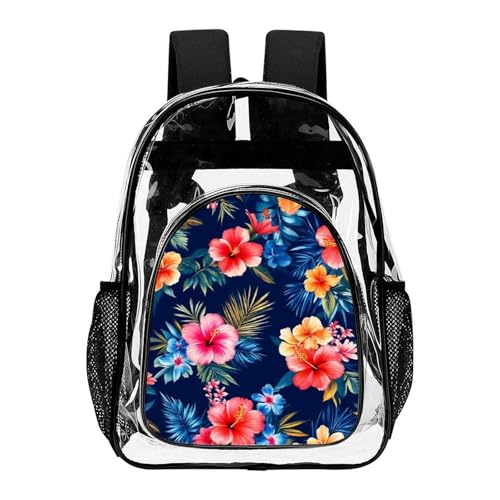 Portable Waterproof Transparent Backpacks Tropical Hawaiian Colorful Hibiscus Flowers with Multi Pockets for Family Picnic, Party, Beach Outing, Casual Daily Use