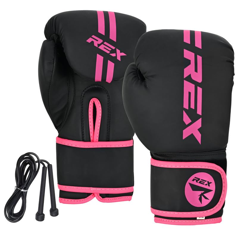 REX Sports Boxing gloves with Free Skipping Rope Muay Thai Pad gloves Sparring gloves MMA and Kick Boxing 02-08 OZ for Kids and 10-16 OZ for Adults (Black/Pink, 16 OZ) โ image 1