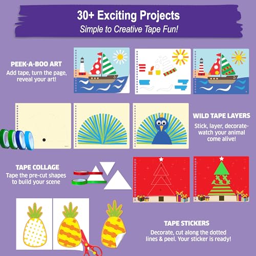Image of Chalk & Chuckles Tape Trails Art and Craft Kit for Kids - 30+ Mess-Free Tape and Sticker Art Projects, Fine Motor and Scissor Skills Activity Book, Birthday Gift for Boys and Girls Ages 3 to 7