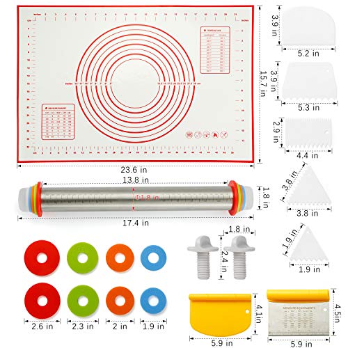 Rolling Pin With Adjustable Thickness Rings Stainless Steel 17.5" Dough Roller, 24"X16" Nonstick Silicone Pastry Mat Bench Dough Scraper Pizza Cutter Cake Smoothers Set For Baking Cookie Fondant Pie #TOP4