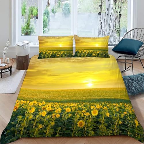 Funda Nordica Cama 90 Girasol Estampado 3D Ropa de Cama 135 X 200 cm Flores del Atardecer Microfibra Suave Funda de Edredón Cremallera con 2 Fundas de Almohada 50x75cm a-1238