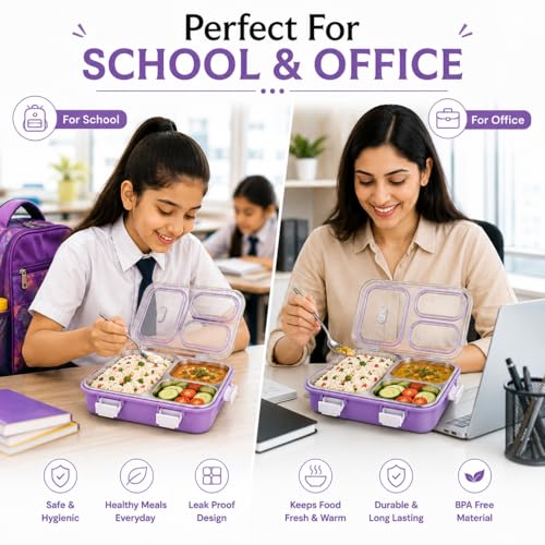 Image of 950ML Stainless Steel Bento Lunch Box |3 Compartments, Leakproof Tiffin Box with Spoon & Fork for School | Office & Travel (Lavender Purple)