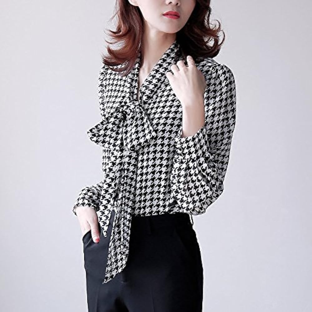 Amazon | [cnstone] レディース シャツ ブラウス ボウタイ 千鳥格子