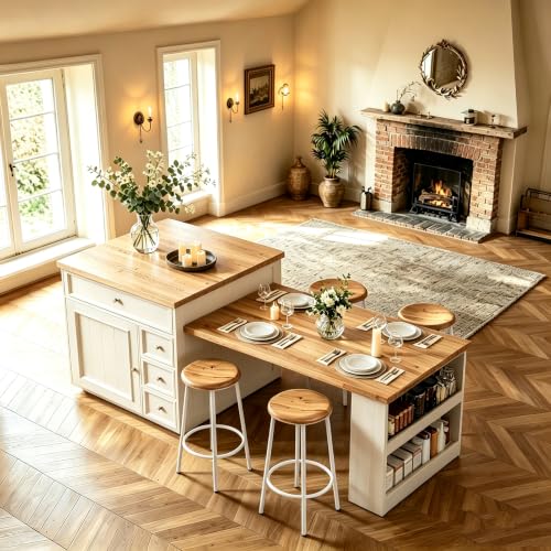 Yihomfy Ilot Central Cuisine Extensible 120-184 cm, Ilot Cuisine Roulant avec 4 Tiroirs, Rangements et Plan de Travail, pour Cuisine, Salle à Manger Ou Bar, Blanc