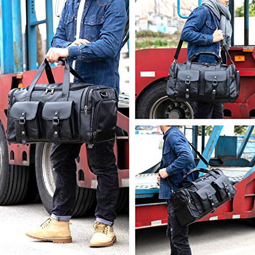 Zeroway Travel Duffel Bag with Shoe Pouch, PU leather Carry on Bag Weekender Overnight Bag for Men Women Black
