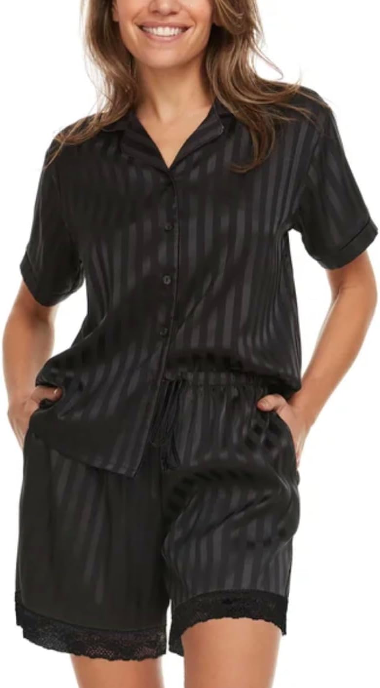 Flora Nikrooz Women's 2 Piece Relaxed Fit Soft Satin Notch Collar Pajama Set