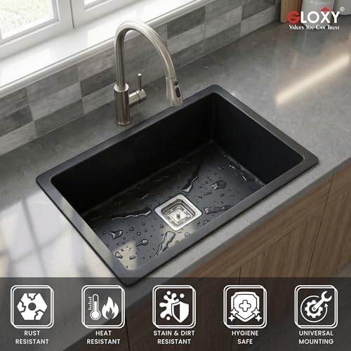 Image of Gloxy Granite Quartz Kitchen Sink 21x18x9 Inch - Grey Matte FInish Quartz Premium Single Bowl Sink For Kitchen With Coupling Hose Pipe and Drainer Basket - Undermount /Topmount - 3 Years Warranty