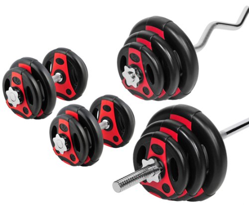 Bad Company Zestaw hantli I K-Grip tarcze do sztangi z tworzywa sztucznego (8 x 1,25 kg, 8 x 2,5 kg, 4 x 5 kg) w zestawie sztanga długa, łamana i krótka sztanga 30/31 mm I kompletny zestaw 70,5 kg
