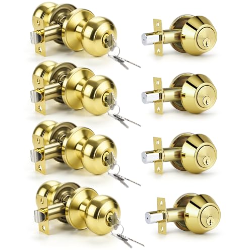 KNOBWELL Keyed Entry Door Knob and Single Cylinder Deadbolt Combo Set, Exterior Door Knobs for Entrance and Front Door, Keyed Alike Knob and Deadbolt, Polished Brass, 4 Pack