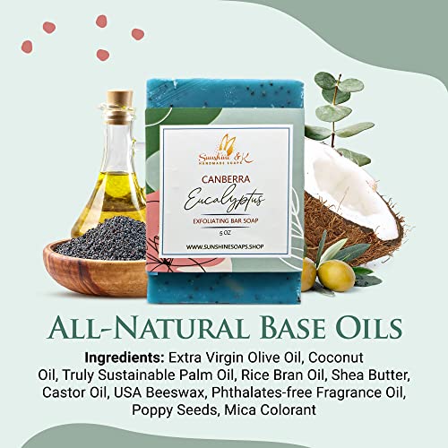 Sunshine & K Handmade Soaps - Exfoliating Soap, Bar Soap With Poppy Seeds & Shea Butter, Natural Base Oils Body Soap, Body Soap Bars With 6 Natural Base Oils, 5 Oz, Canberra Eucalyptus #TOP2
