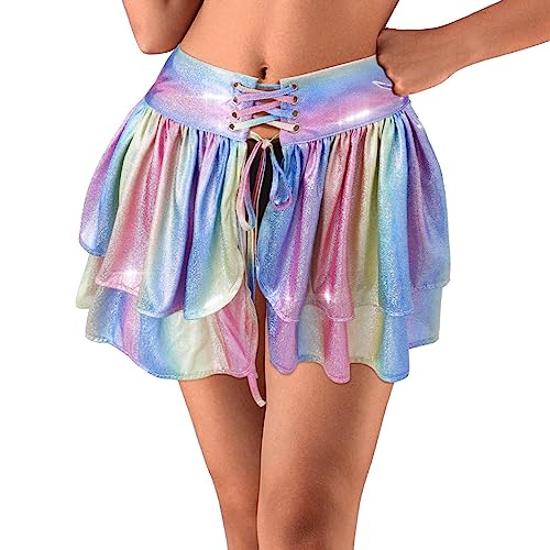 Reetan Fashion Rainbow Belly Dance Skirt Layered Sparkly Novelty Skirt Rave Festival Adjustable Skirt Outfit Costume For Women And Girls #TOP11