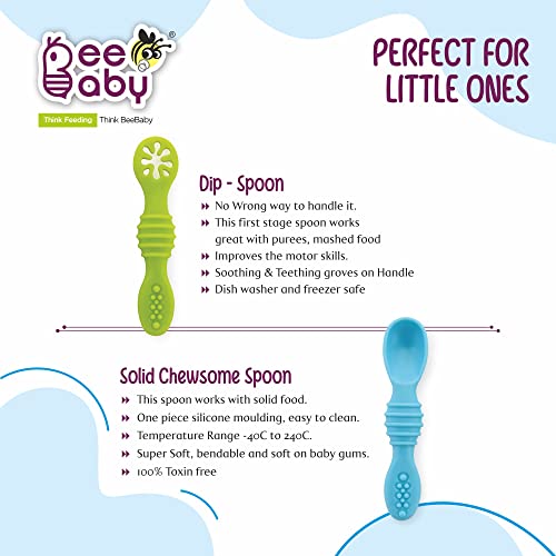 Image of BeeBaby Smushee Silicone Spoon for Baby 6 to 12 Months, Self Feeding Baby Spoon, Soft Silicone Baby Led Weaning Utensils, BPA Free First Stage Weaning Set for Infants, Pack of 2, Blue & Green