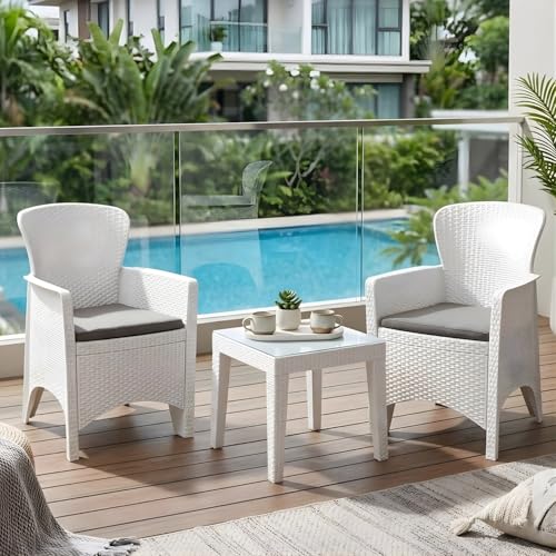 Image of Nilkamal Breeze 2 Seater Balcony Sofa Set with Square Center Table with Toughened Glass|Indoor & Outdoor Furniture|Patio Chair Two Seater, Perfect for Gardens,Restaurants,Terraces, Milky White & Grey