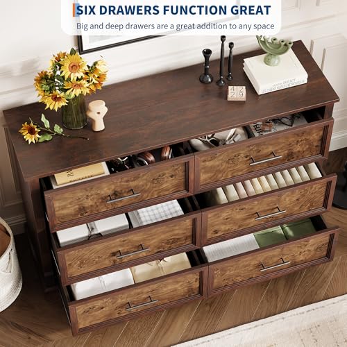 GarveeHome Farmhouse 6 Drawers Dresser, 47" Long Wood Closet Dressers Organizer, Rustic Chest of Drawers for Bedroom Living Room Hallway Entryway, Brown