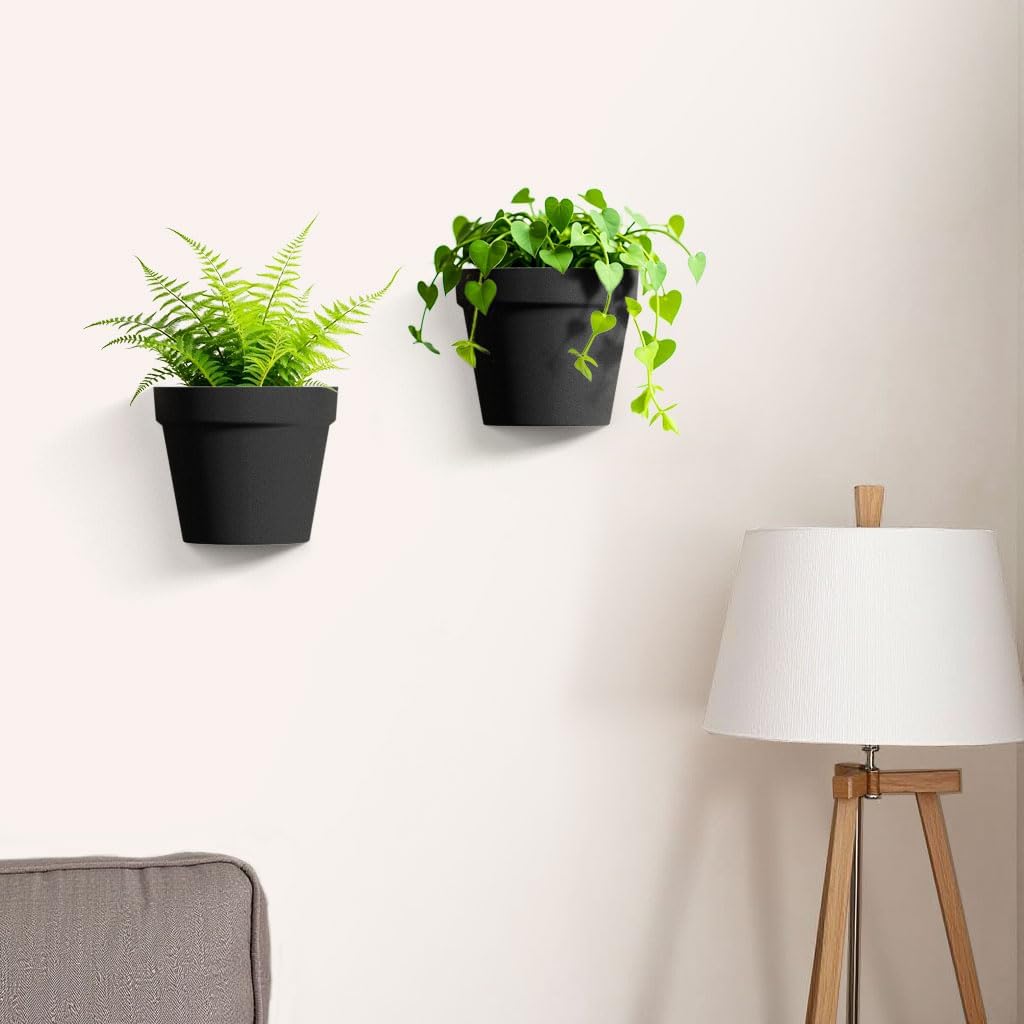 2 Pack Plastic Wall Planter for Indoor Plants, 7.5 Inch Hanging Wall Planter Pots, Wall Mounted Succulent Planters (Black)