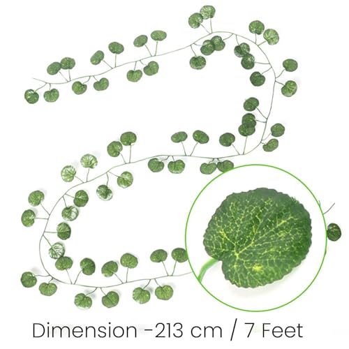Image of Go Hooked Artificial Hanging Creeper for Home Decor (Pack of 24, 7 Ft) | Green Pilea Coin Leaf Garland with 3x3 cm, 72 Leaves Each | Plastic Decorative Creeper for Balcony, Walls, Garden Decoration