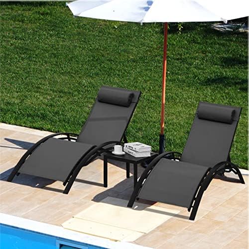 AthLike 3 pcs Poolchairs Patio Chaise Lounge Set with Headrest, 5-Level Adjustable Sunbathing Tanning Poolside Lounger Recliner Chairs with Side Table for Outdoor Beach (Black, 2 Chairs and 1 Table)