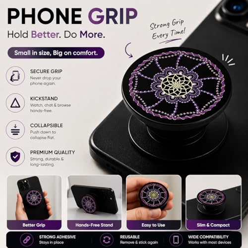 Image of Phone Case Holder | Expanding Kickstand, Mobile Phone Hold Grip for iPhone, Samsung, OnePlus & All Smartphones - Mandala (Purple)