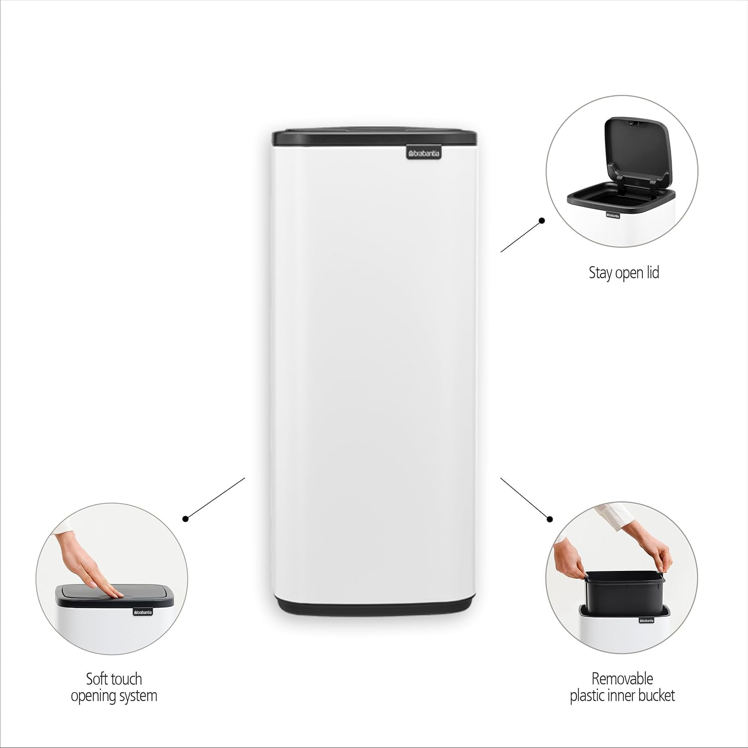 Brabantia Bo Touch Cubo de basura 30L (Plateado mate), cubo basura reciclaje rectangular y compacto, con sistema de abertura Soft-Touch, papelera cocina con cubo extraíble, incluye bolsas PerfectFit