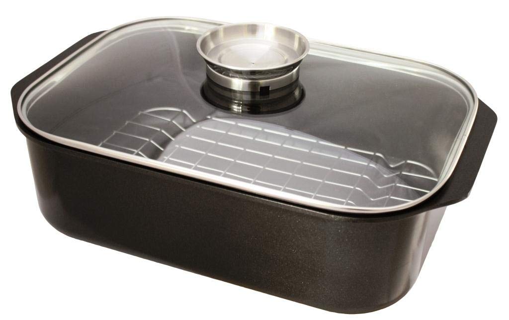 Baumalu - 6-Liter Bräter aus Aluminiumguss mit Antihaftbeschichtung, Glasdeckel, Induktionsgeeignet, Ideal für große Familienessen und gesellige Abende, Schwarz