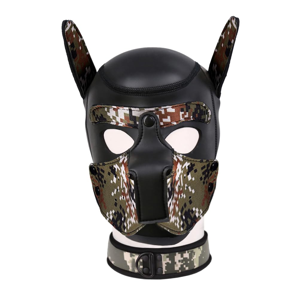 Neoprene K9 Puppy Hood Dog Muzzle Mask Pup Hood Halloween Mask (Camo Green, Mask with Collar)