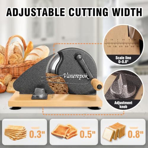 Image of vanerepok Manual Bread Slicer for Homemade Sourdough Adjustable Thickness | Hand Crank Bread Cutter with Scale & Stable Suction Cups & Wood Base for Even Slicing Perfect Baking Gift for Home Bakers