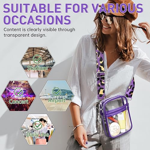 Aphlos Transparente Umhängetasche aus PVC mit verstellbaren Trägern, Lila Tasche mit Leopardenriemen, Einheitsgröße