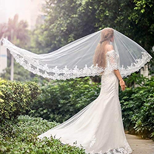 Aukmla Wedding Bridal Veils Long Veil with Lace and Metal Comb at the Edge Cathedral Length3