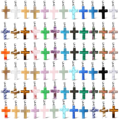 Junkin 100 Pcs Cross Necklace Stone Bulk 1 Inch 25 Styles Natural Crystal Cross Pendant Charms Bulk Reiki Gemstone Pocket Stone for Easter Decor Jewelry Making DIY Necklace Bracelet Earring