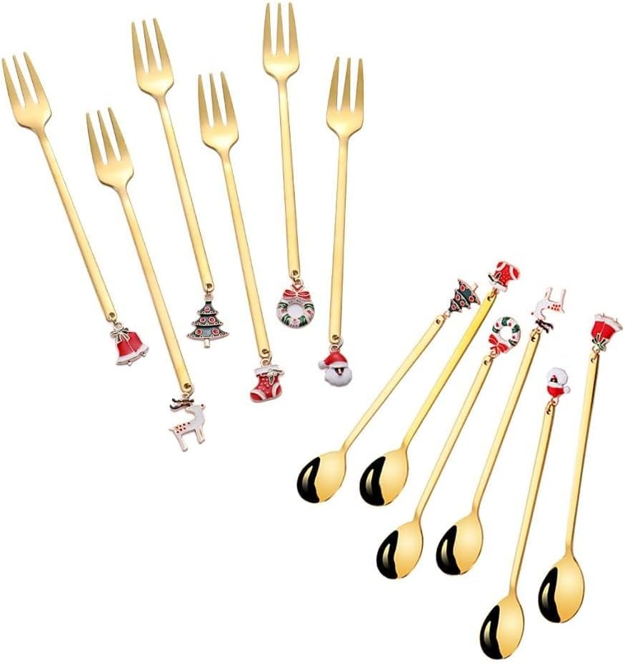 12 Piece Creative Christmas Stainless Steel Silverware Fork Spoon Tableware Dessert Coffee Stirring Spoon Fruit Fork (Gold,Pendant)