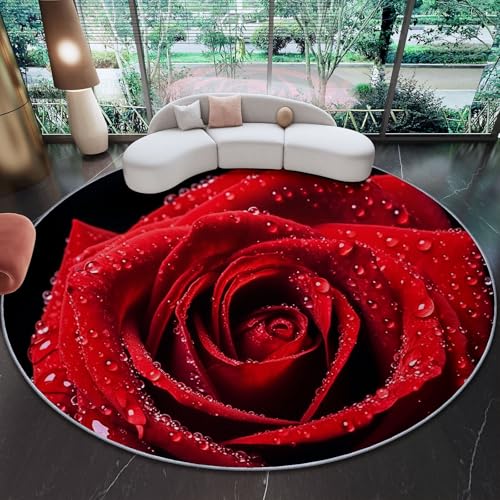 Genérico Negro Alfombra Redonda 90 cm - Romance Flores Rosas Rojas Tema Alfombra Redonda de Pelo Corto, Antideslizante Alfombras Redondas para Pasillo Comedor y Sala de Estar