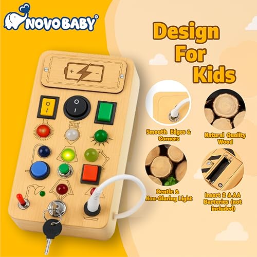 Image of Novo Baby Busy Board for Toddlers 1-3 Years | Montessori Toy with Switches, Buttons & Activities | Portable Wooden Busy House | Educational Toy for Baby Boys & Girls Age 2 3
