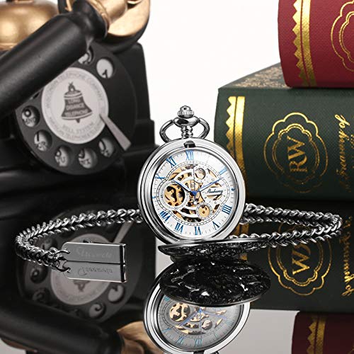 Treeweto Mens Womens Antique Skeleton Mechanical Pocket Watch Silver 3D Dragon Case With Chain Box #TOP6