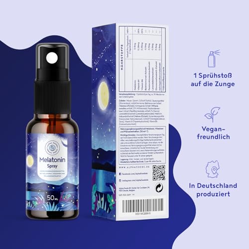 Melatonin Spray Hochdosiert - 400 Tage Vorrat (50ml) - mit Baldrian, Passionsblume, Melisse, Lavendel, Vitamin B6 & B1 - ohne Alkohol - Vegan - Himbeer-Geschmack - Alpha Foods