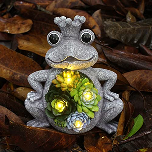 AUTUUCKEE Solar-Gartenfigur Frosch mit Sukkulenten und 4 LED-Lichtern - Outdoor Rasen Dekor Garten Frosch Figur für Terrasse, Balkon, Hof, Rasen Cover