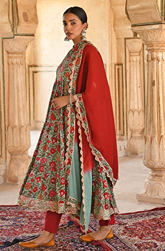 Janasya Indian Women's Cotton Sea green Floral Print Festive Wear Kurta Set for Women2