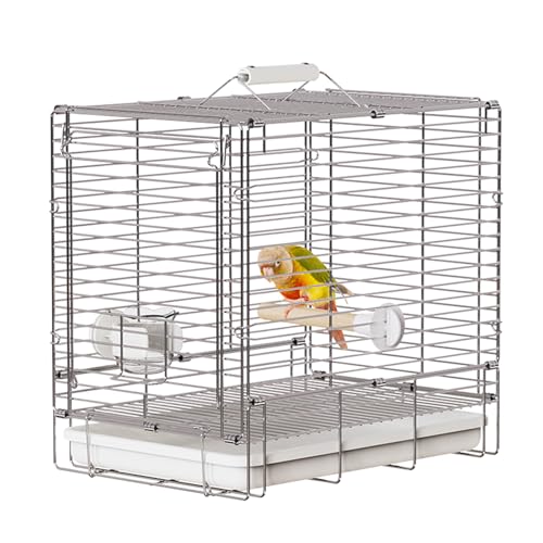 YOOSO WING Bird Carrier Travel Cage - 304 Stainless Steel Portable Folding Bird Travel Cage with Parrot Feeder Cups & Standing Perch for Smaller Birds Conures Lovebird Cockatiel Parakeets (White)