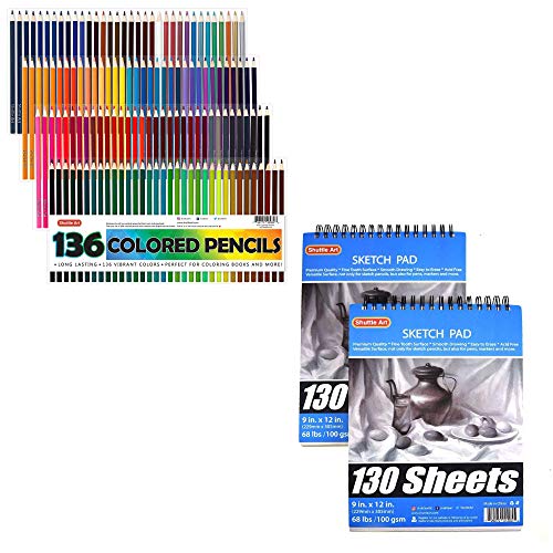 Shuttle Art Colored Pencils Bundle, Set of 136 Colors Colored Pencils + 260 Sheets Artist Sketch Books