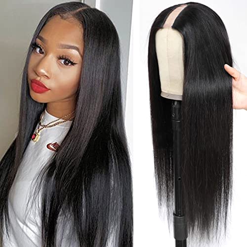 Seemor U Part Human Hair Wigs for Women Straight Brazilian Virgin Human Hair Wig 1"x4" U Shape Glueless Half Wigs 150% Density Beginner Friendly Natural Color (18 Inch)