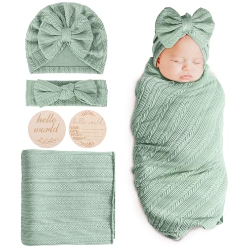 BQUBO Baby Swaddle Blankets for Girls, 4PCS Newborn Accessories Set with Hat and Bow Headband with Hello World Wooden Birth Announcement Card, Baby Blankets for Girls