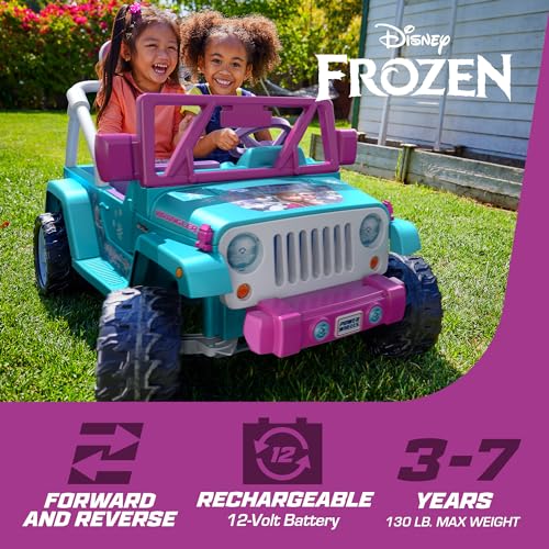 Power Wheels Disney Frozen Jeep Wrangler Ride-On Battery Powered Vehicle with Music Sounds & Storage, Preschool Kids Ages 3+ Years, Baby Blue/Purple