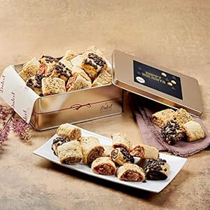 Dulcet Gift Baskets Flaky Rugelah Christmas Gift Tin Assortment Chocolate Chip Cinnamon Sugar Raspberry Apricot Holiday Gift for Men, Women, Mom, Dad, Him, Her, Friends, Co-worker, Boss, Boy or Girl.