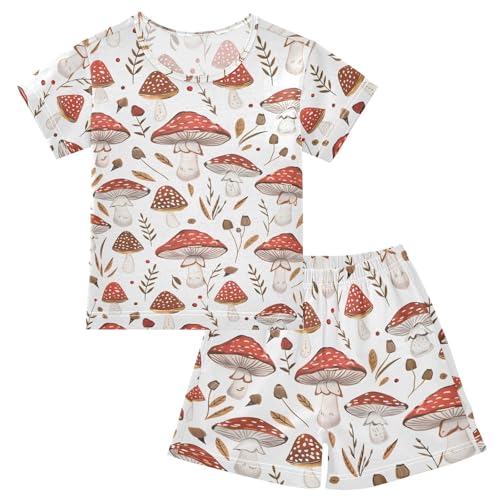 ALAZA Red Mushroom Leaf White Pajamas Short Sleeve 2 Piece Sleepwear Top and Bottom Pajama Set Unisex