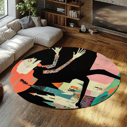 SHUODAOCO Alfombra Redonda con patrón de Castillo Fantasma 120cm - Collage de Arte Calavera Alfombra Circular Lavable Antideslizante Suave para decoración de Festivales de Sala de Estar de Dormitorio