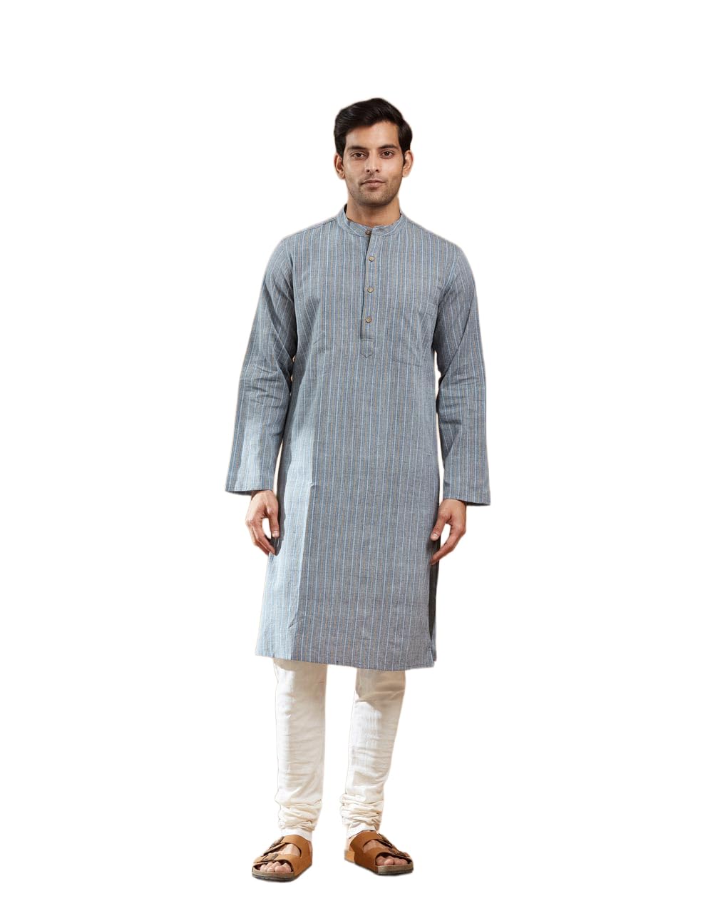 fabindia Men Grey Striped Cotton Knee Length Kurta-picture-36